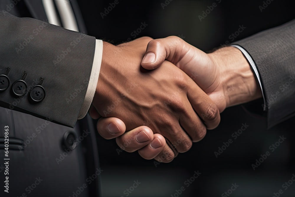Close-up of two businessmen shaking hands in office. Shaking hands concept, Businessman handshake cl