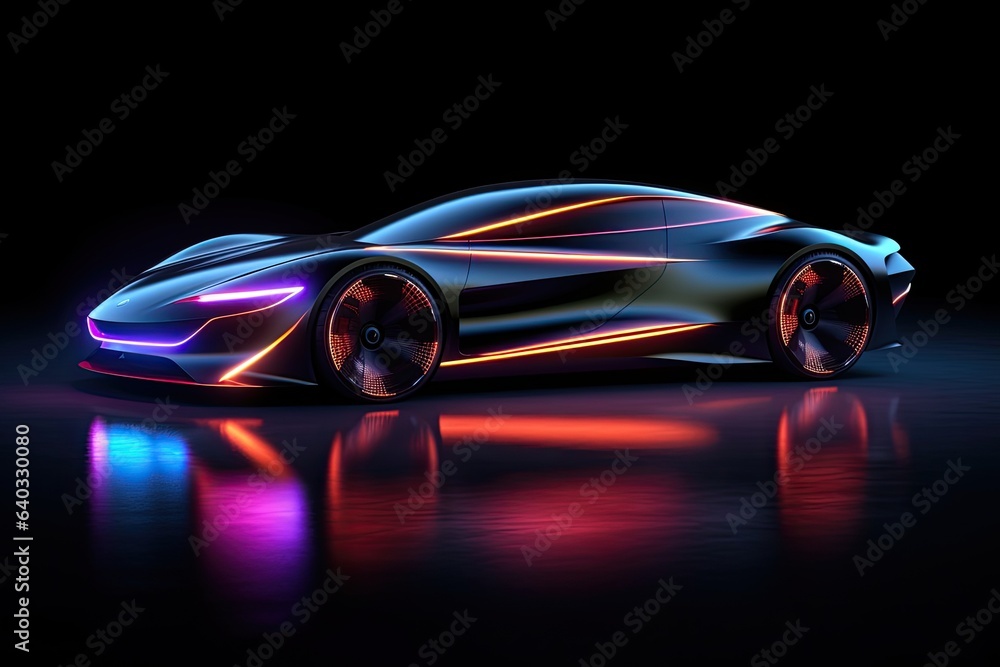 Sport car on a dark background. 3D rendering. Neon lights. Car with neon lights on a dark background