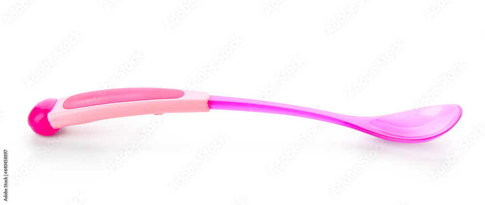 Pink plastic spoon for baby isolated on white background