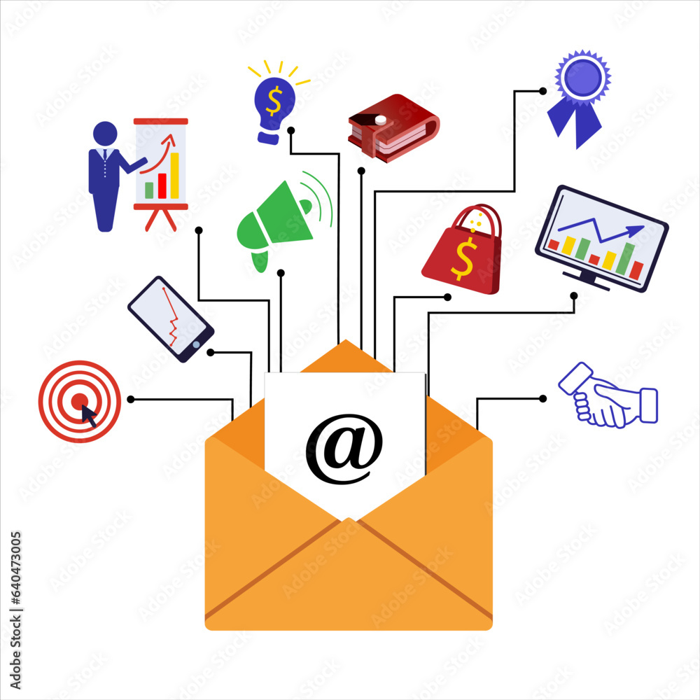 Email marketing. Scheme of envelope with address sign and Icons on white background, vector illustra