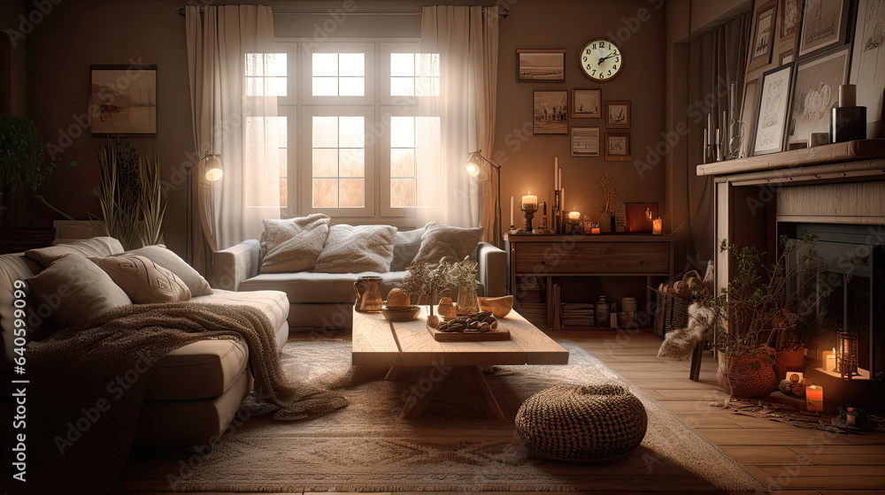 Cozy hygge inspired interior living room scene