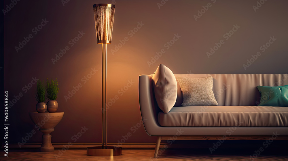 Brass floor lamp in living room. Idea for interior design. Generative Ai