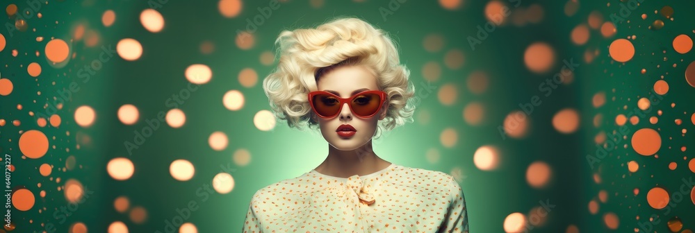 Portrait of beautiful blond woman wearing fashion eyeglasses on green background.