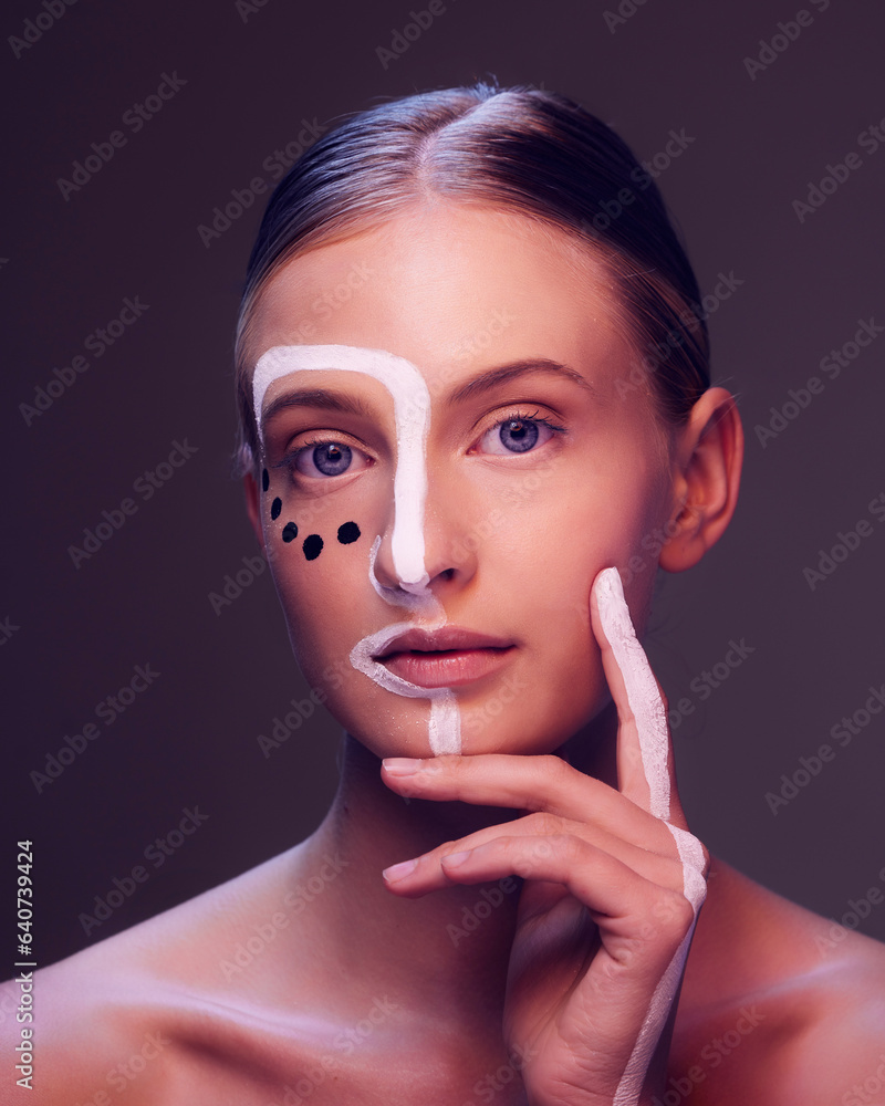 Art, makeup and portrait of woman in studio with creative, beauty and abstract face aesthetic. Cosme
