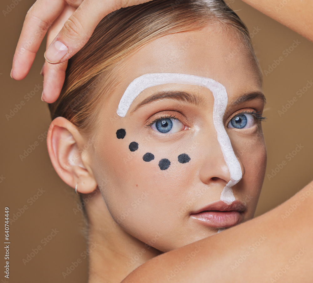 Creative, art and portrait of woman in studio with makeup, beauty and abstract face aesthetic. Cosme