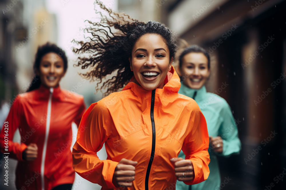 Different ethnic group Woman in color sportswear, running at city in splashes rain.	