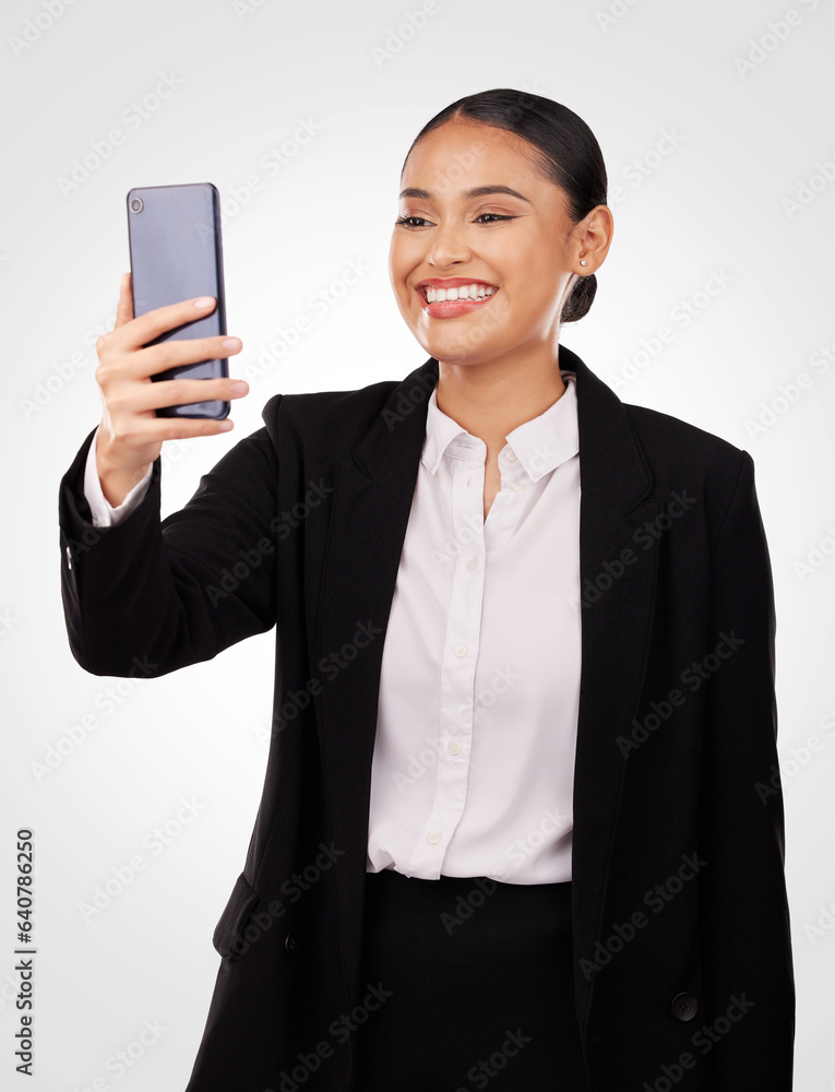 Happy business woman, phone and video call in discussion, networking or communication against a stud