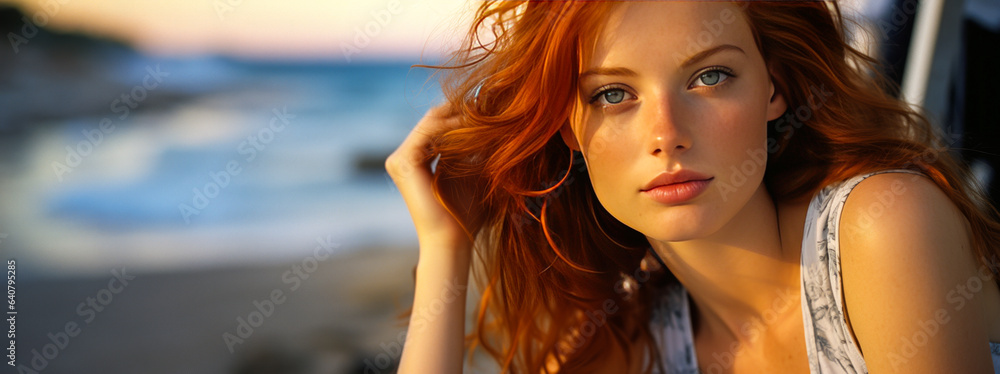 Enchanting redhead with blue eyes in white sundress gazes dreamily against vibrant beach sunset back
