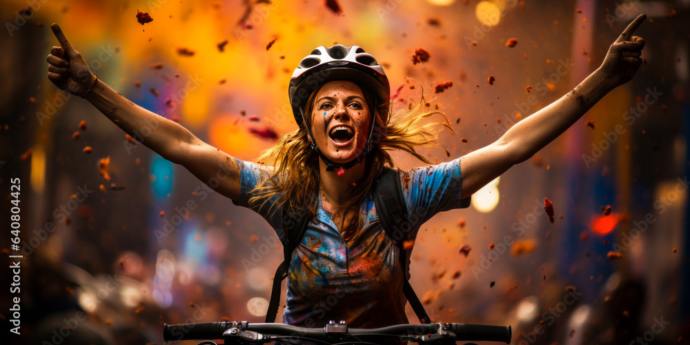 Triumphant female cyclist celebrating victory with raised arms, contrasted against vibrant, surreal 