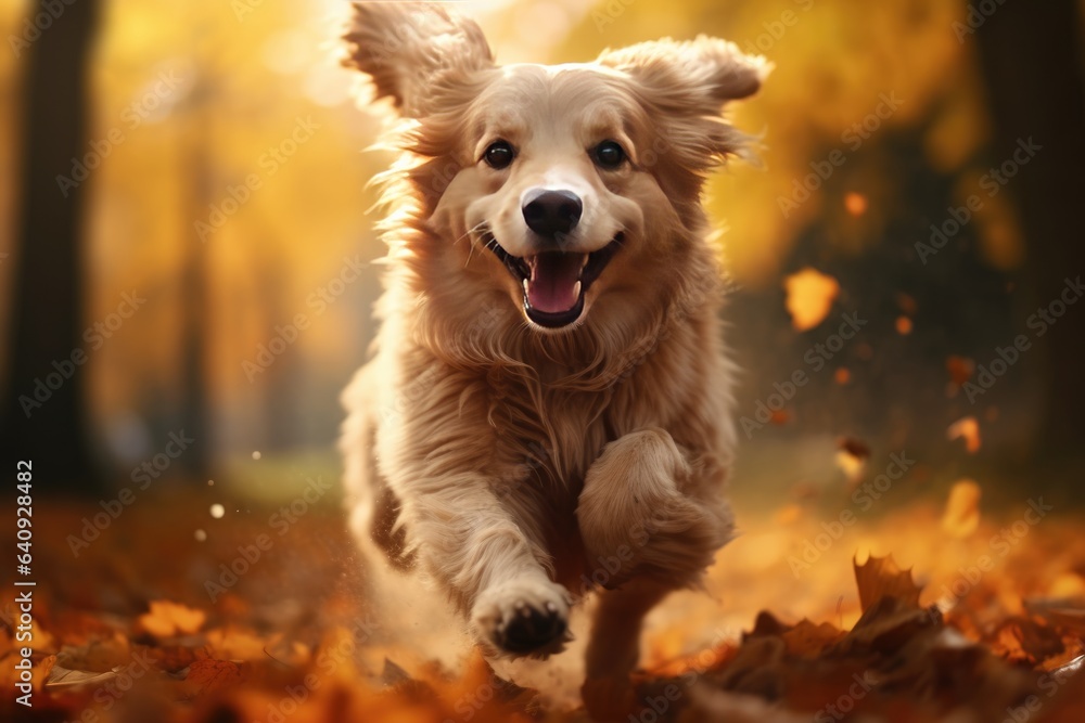 Cute dog runs through the autumn leaves in the forest