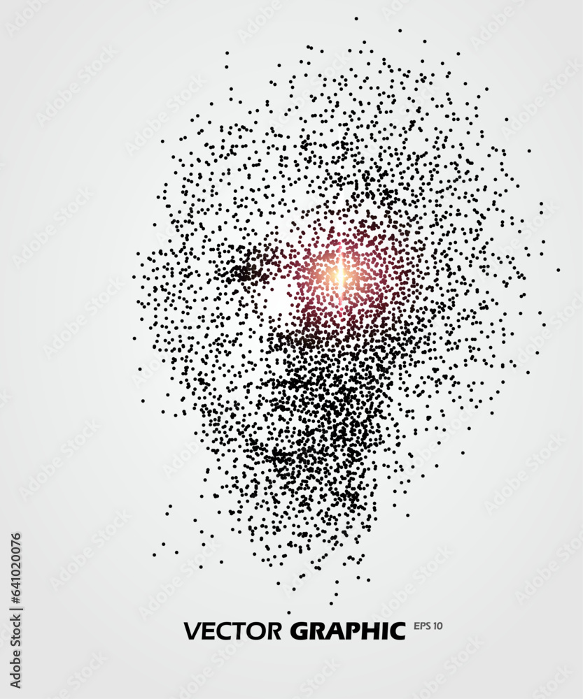Frontal human face made of particles, vector illustration.