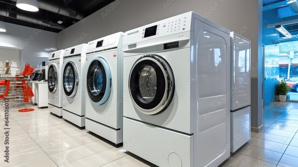 Washing machines and drying machines inside electronics store.