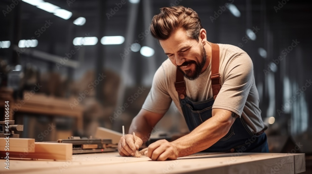 Male manual worker using plane while working on a wood in carpentry factory.
