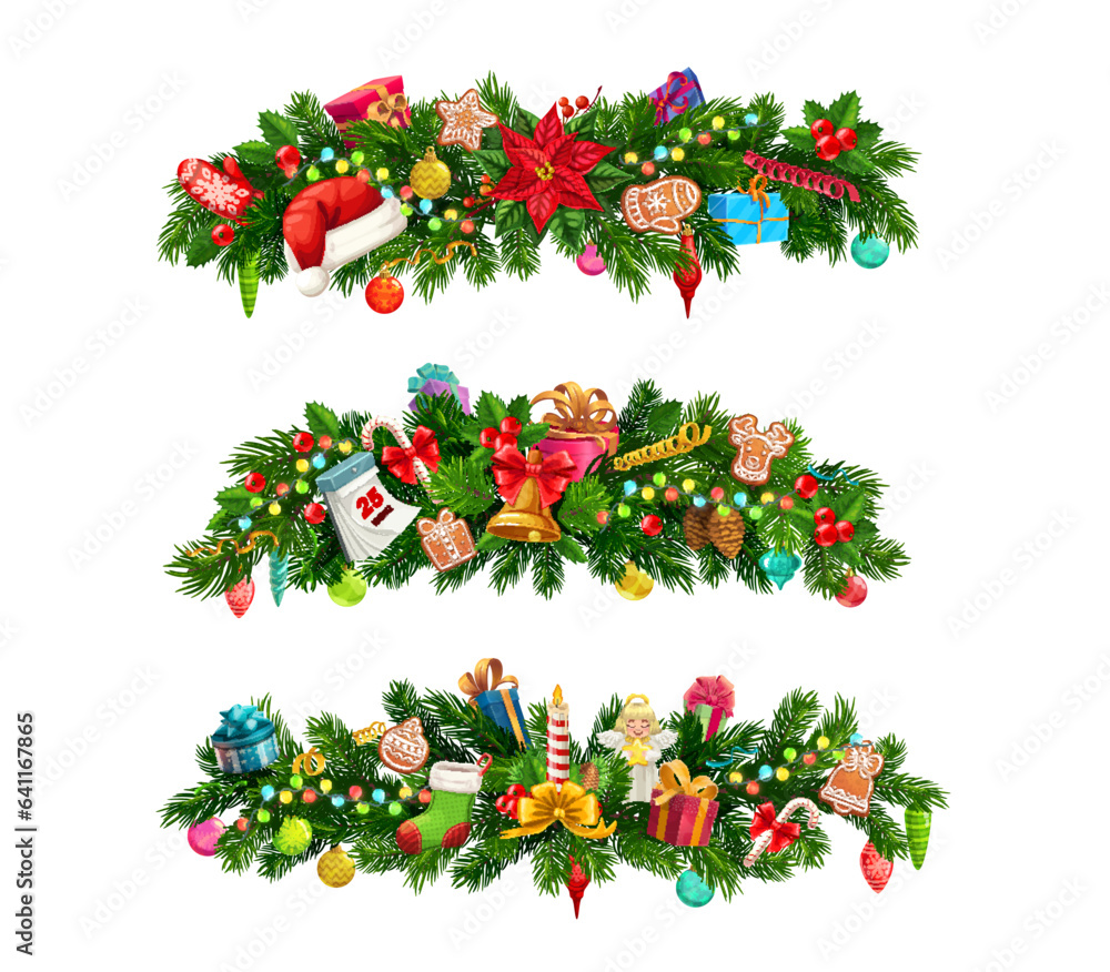 Christmas fir branches, vector borders of Xmas tree garlands with green pine and holly, Christmas ho