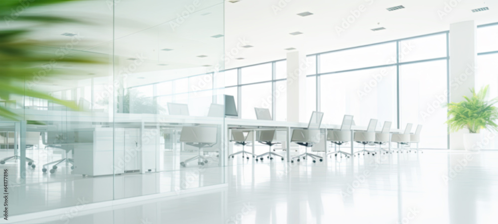 Blur of white open space office interior in white glass office background modern cityscape backgroun