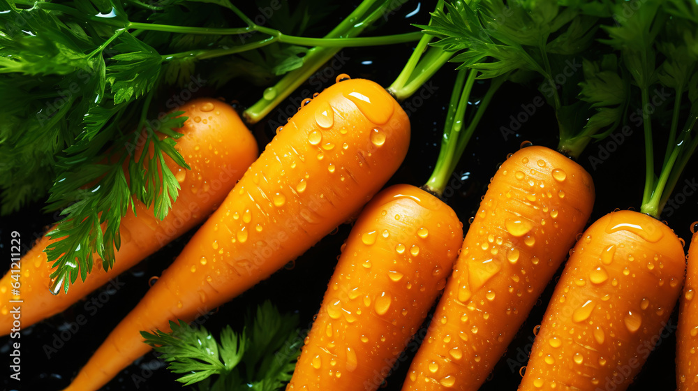 Fresh orange carrots with water drops background. Vegetables backdrop. Generative AI