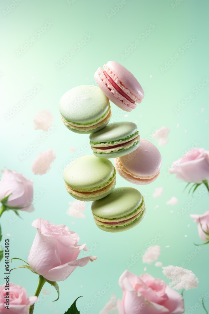 levitating flying macaroons with pink roses composition