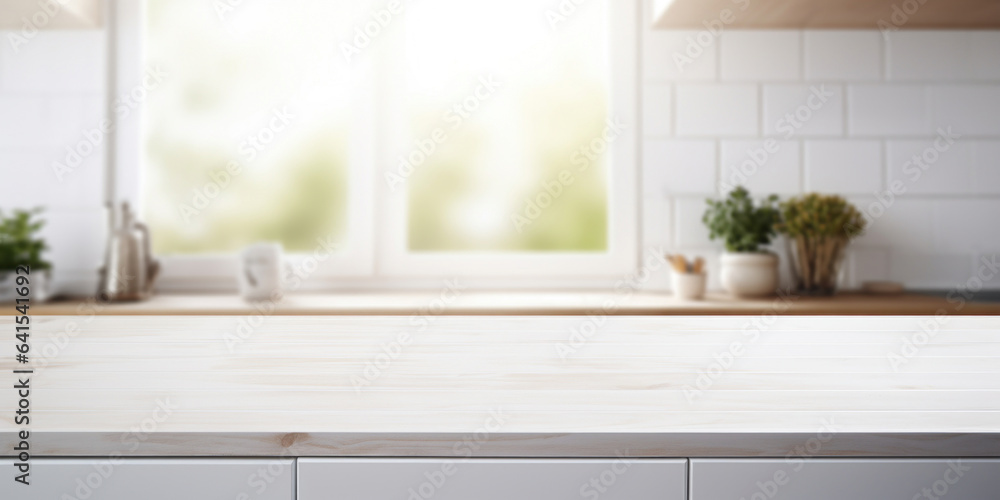Empty white wooden tabletop with blurred white kitchen in the background. Mock up for display or mon