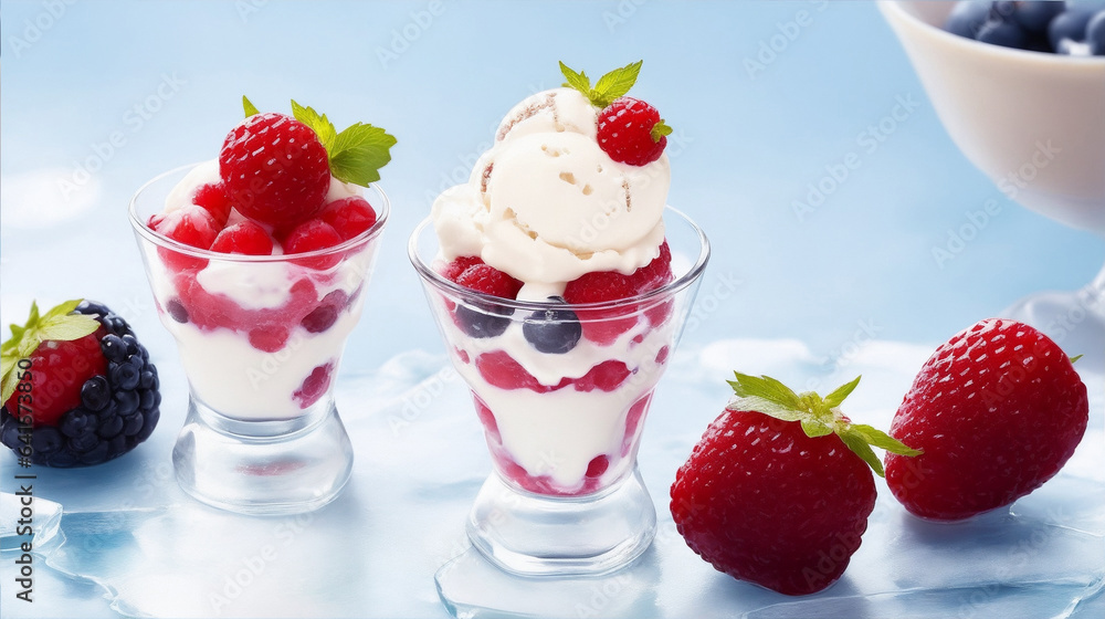 Melting ice cream on cups with berries. Generative AI.