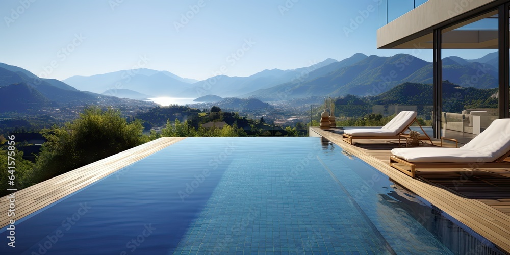 Serene mountain escape. Poolside relaxation. Mountains retreat oasis. Infinity pool bliss. Elevated 