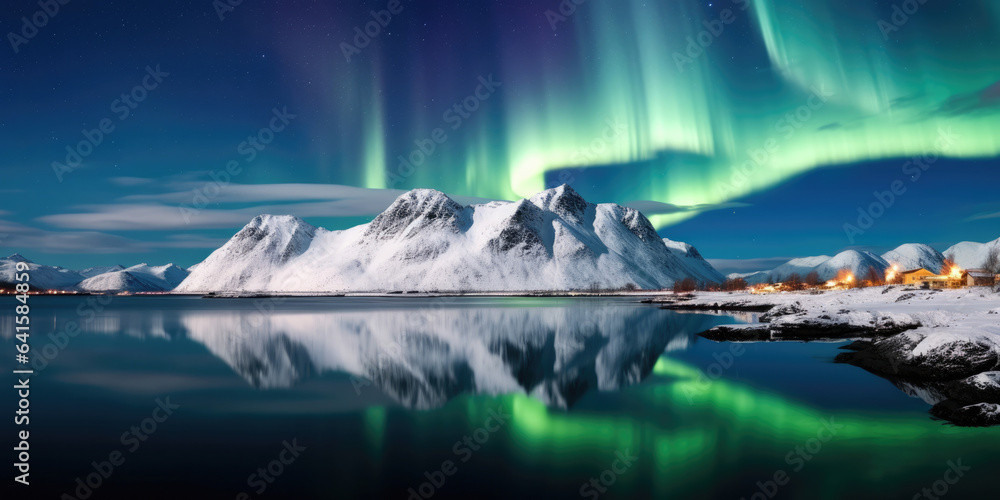 Aurora borealis over the sea, snowy mountains and city lights at night. Northern lights in Lofoten i