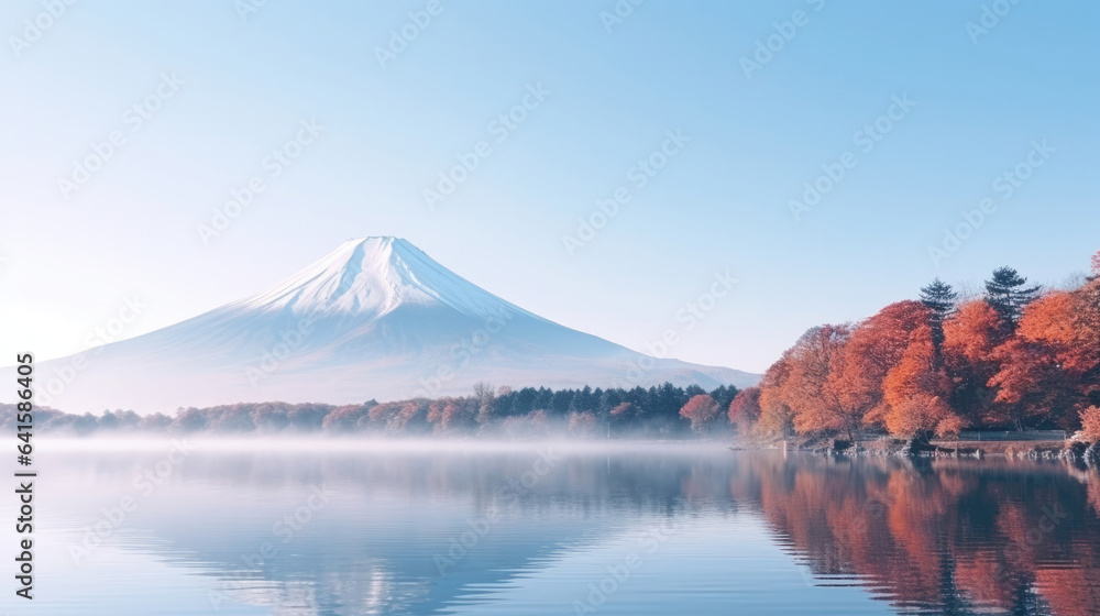 Colorful Autumn Season and Mountain Fuji with morning fog and red leaves at lake Kawaguchiko is one 