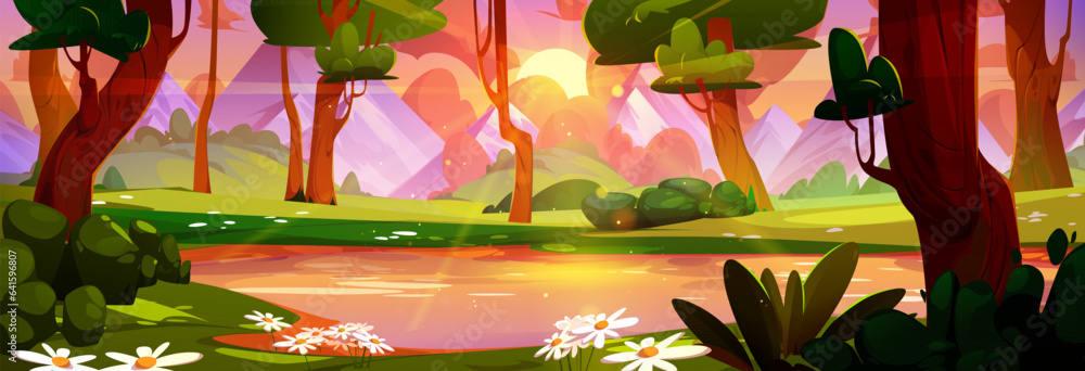 Sunset on forest lake with mountain view cartoon background. Beautiful pink and orange sky with sunl