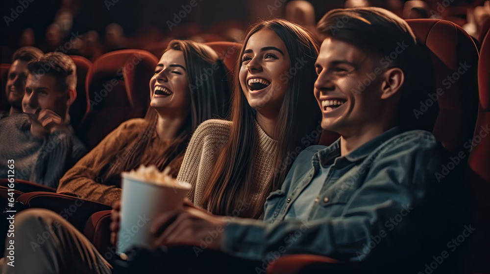 Group of cheerful people laughing while watching movie in cinema. concept of recreation and entertai
