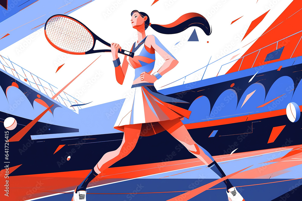 Contemporary art collage. Young girl, professional tennis player in motion during a match on an abst