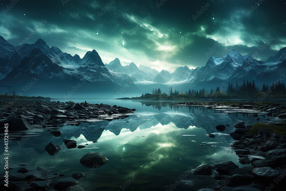   AI beautiful northern lights landscape in winter