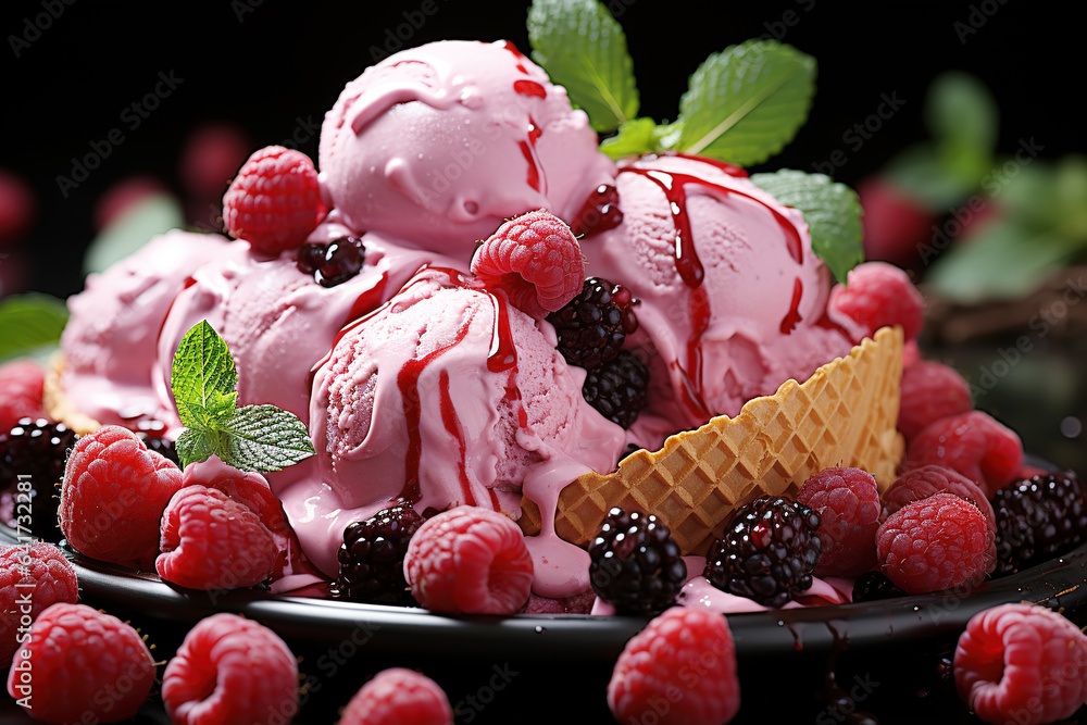 Raspberry strawberry ice cream in a plate on a black background
