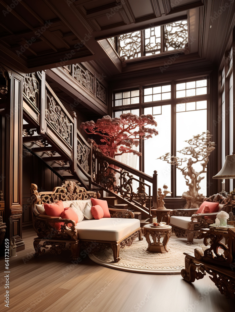 Interior view of living room in Chinese style mansion