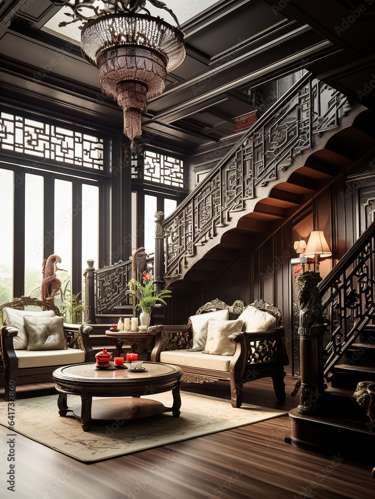 Interior view of living room in Chinese style mansion
