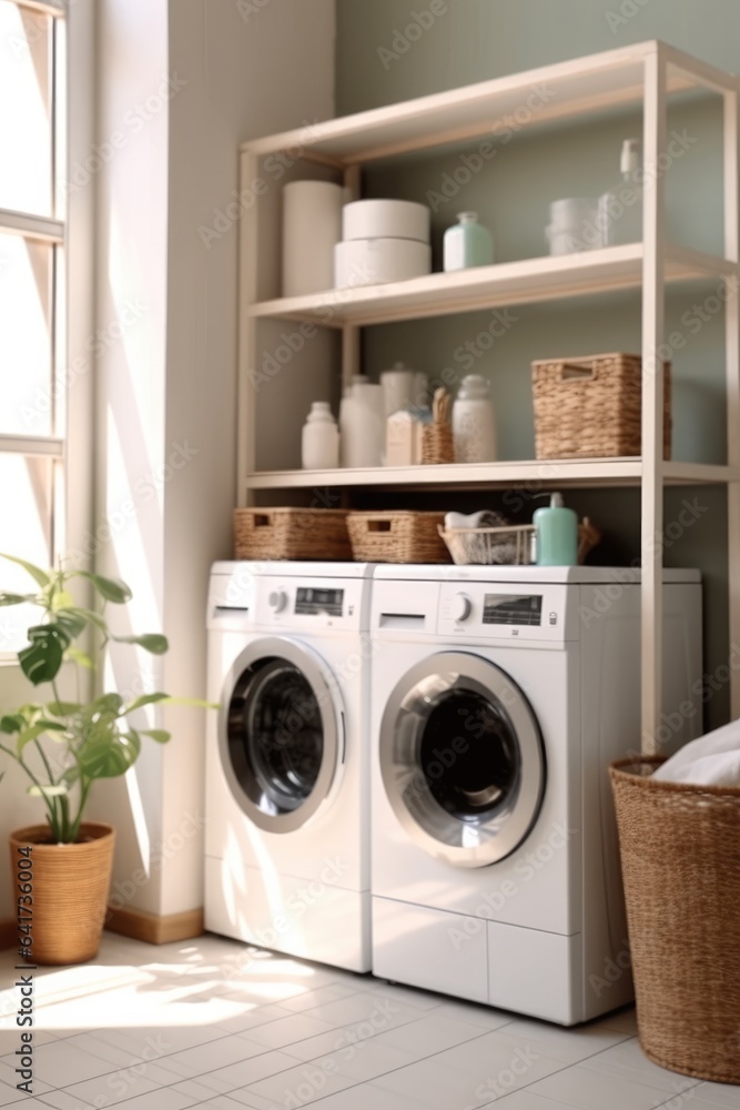 Washing machine and laundry basket in laundry room at home.