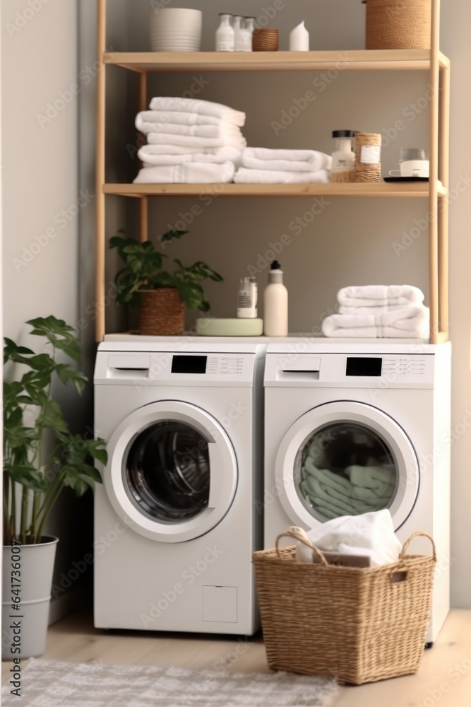 Laundry room with washing machine in modern house.