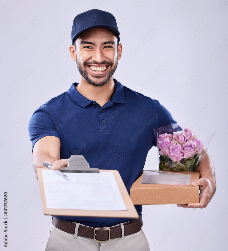 Delivery portrait, flower bouquet or happy man with clipboard paperwork for signature, service agree