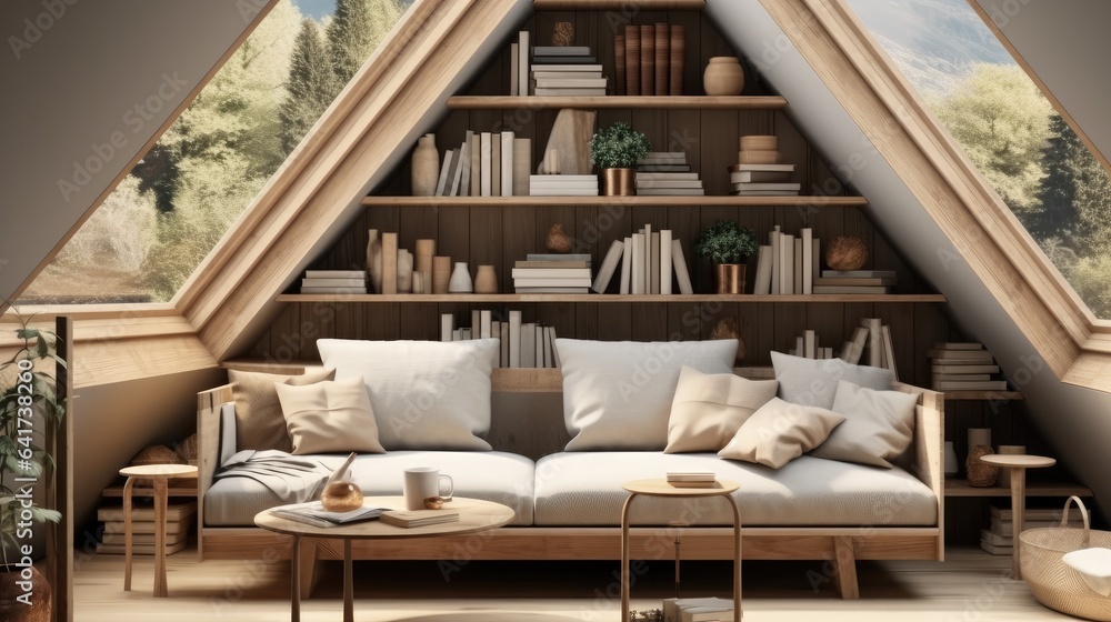Interior design of modern living room in attic, Sofa against shelving unit with books in house.