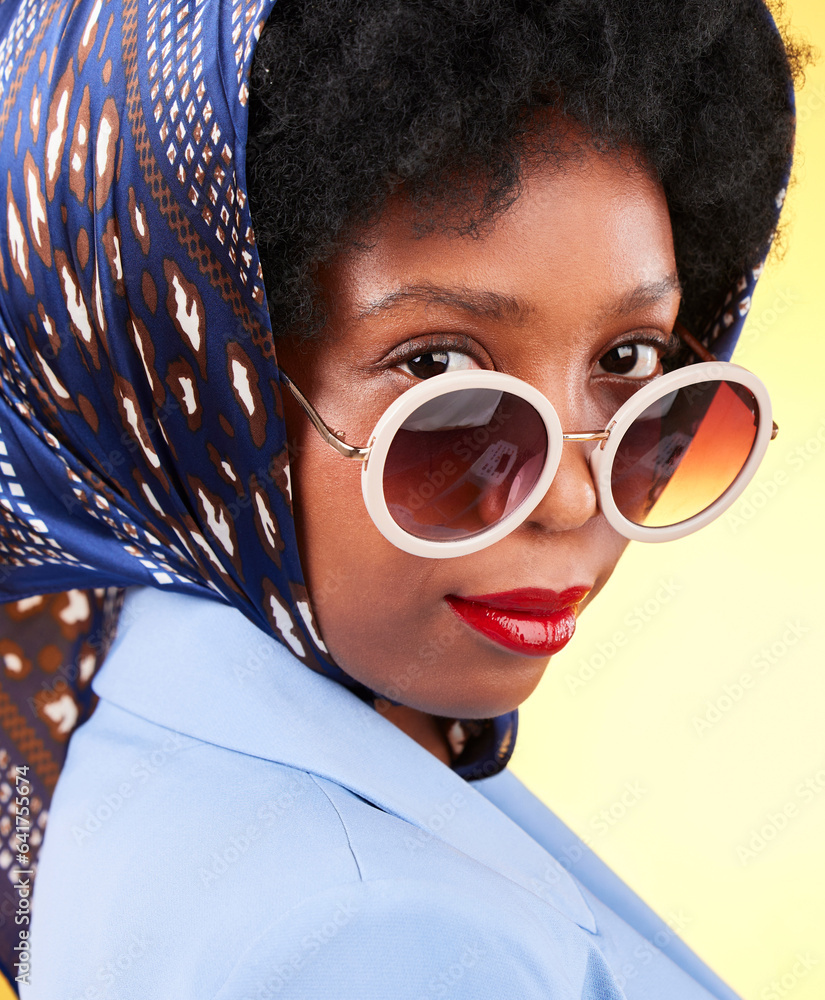 Fashion, makeup and sunglasses with portrait of black woman in studio for vintage, trendy and beauty