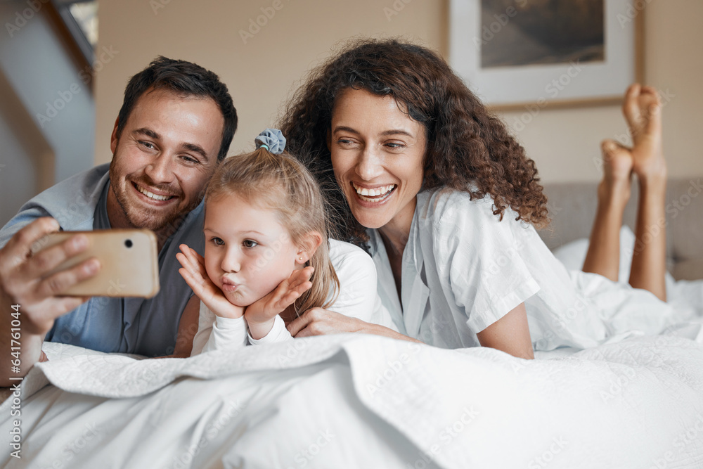 Selfie, happy and family on a bed together for bonding on a weekend morning at modern home. Smile, g