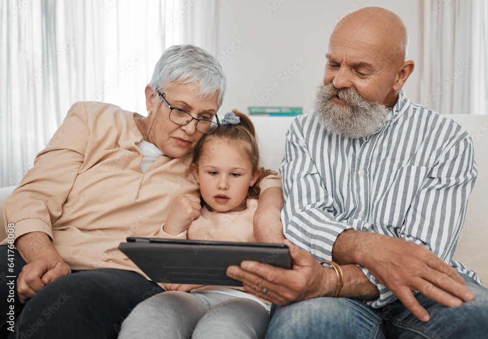 Relax, kid or grandparents with tablet for elearning or studying for education or remote learning at