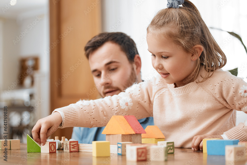 Building blocks, toys and girl playing with dad in living room for education, development and learni