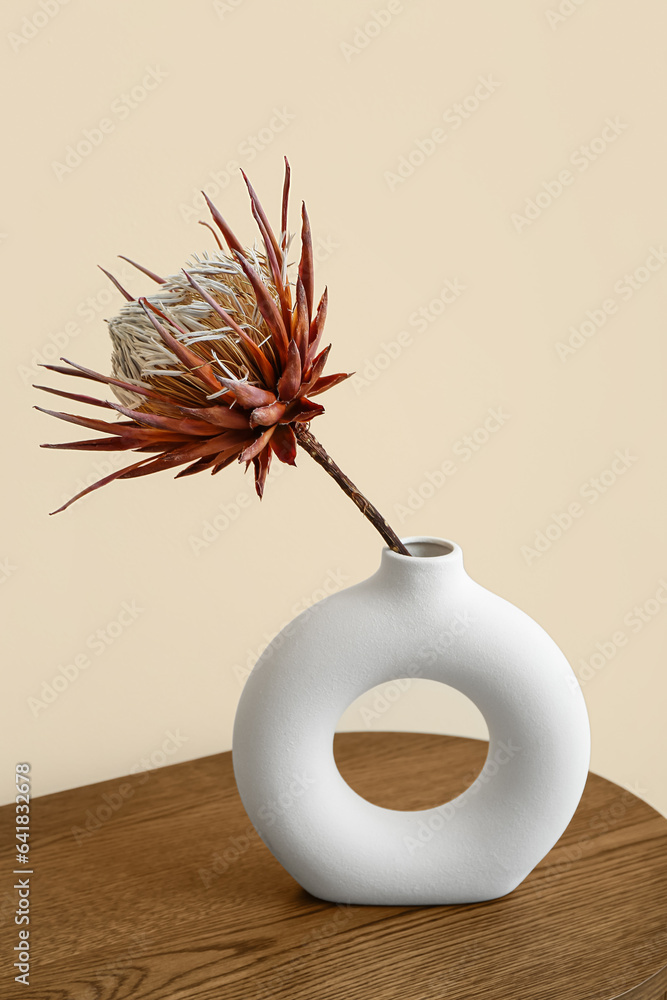 Vase with dried red protea on dresser near beige wall