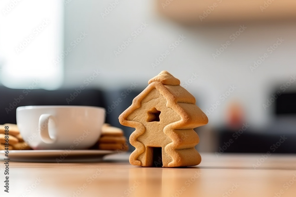 Christmas gingerbread house with star on blue background. Christmas and New Year concept.