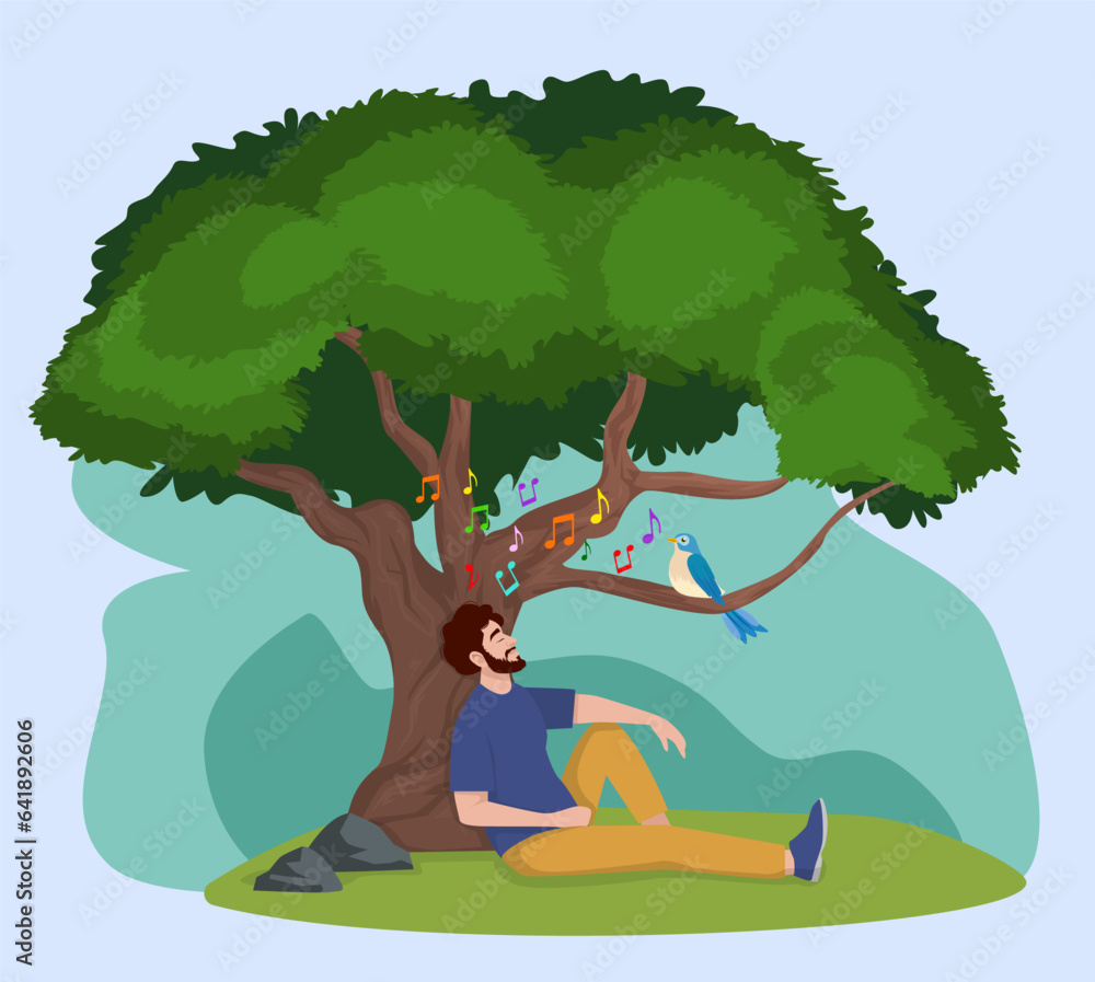 Man sitting near tree and enjoying bird chirping, vector illustration. State of mindfulness