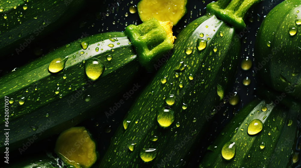 Freshgreen zucchini or courgettes with water drops background. Vegetables backdrop. Generative AI