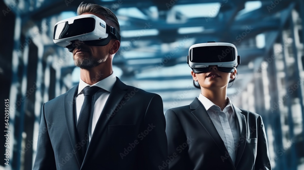 Business people in formal suit using VR glasses virtual reality AI experience planning and strategy 