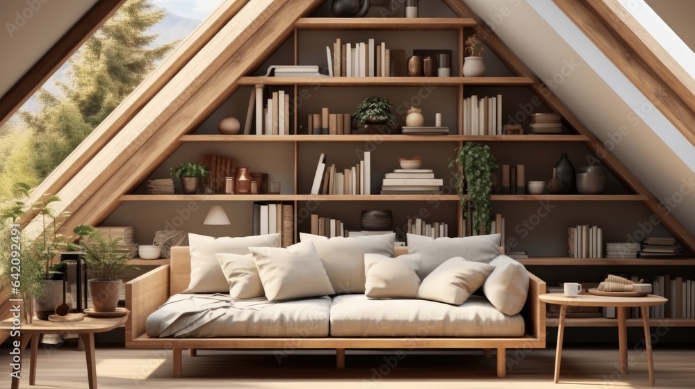 Interior design of modern living room in attic, Sofa against shelving unit with books in house.