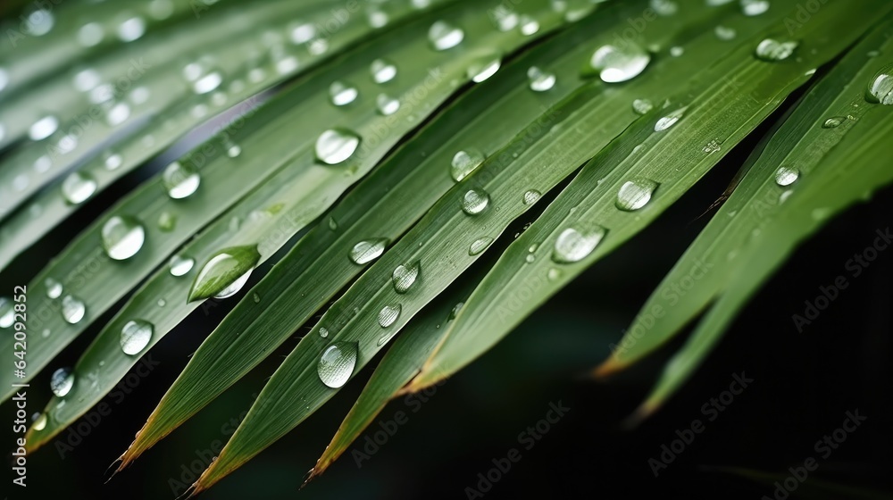 Tropical coconut palm leaf with water droplets, Water droplet, Palm leaves background textures after