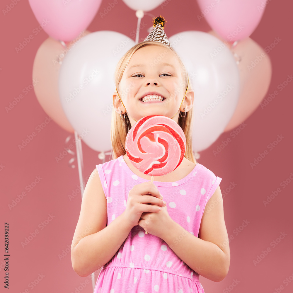 Balloons, lollipop and portrait of girl on pink background for birthday party, celebration and speci