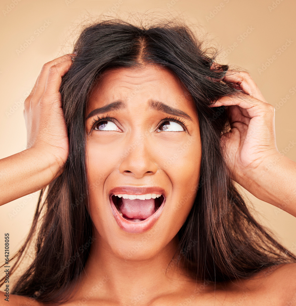 Woman, hair care fail and stress in studio, shouting and thinking for solution by beige background. 